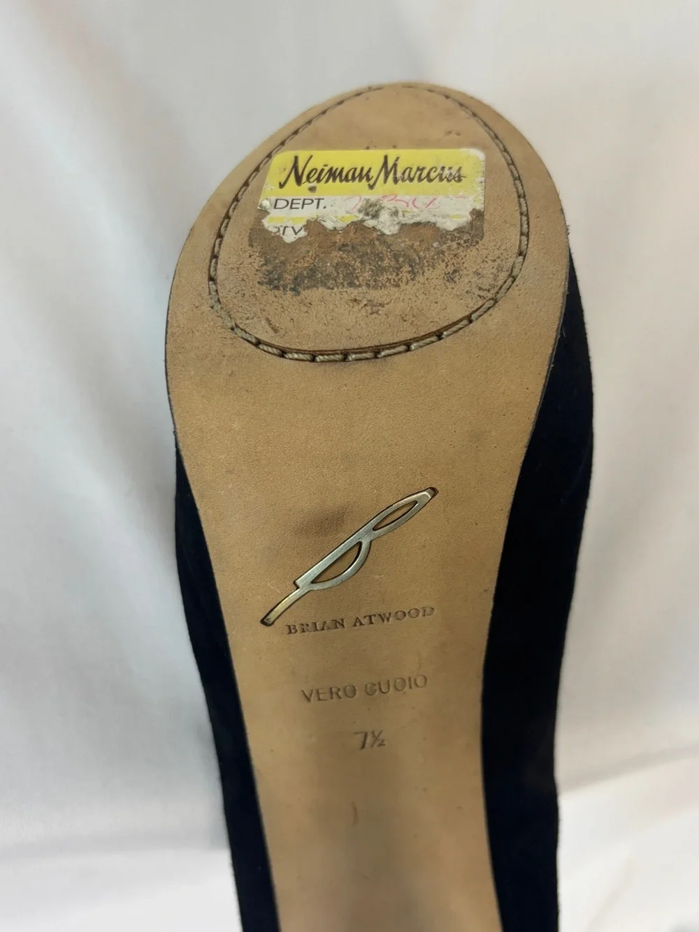 Brian Atwood suede‎ platform stiletto heels with black and gold statement detail